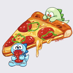 Rule 34 | dinosaur, food, food focus, grey background, meat, nagom0120, no humans, open mouth, original, pepperoni, pizza, pizza slice, red eyes, simple background