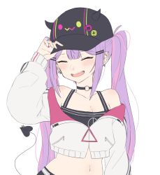 Rule 34 | 1girl, barbell piercing, baseball cap, black hat, black tank top, blush, breasts, choker, cleavage, closed eyes, cowboy shot, cropped jacket, demon tail, ear piercing, fake horns, fang, green nails, hair ornament, hairclip, hand on headwear, hat, highres, hololive, horned headwear, horns, industrial piercing, jacket, long hair, long sleeves, looking at viewer, midriff, moonbell, multicolored hair, multiple piercings, nail polish, navel, o-ring, o-ring choker, off-shoulder jacket, off shoulder, open mouth, piercing, pink hair, pointy ears, purple hair, purple nails, simple background, small breasts, smile, solo, tail, tank top, tokoyami towa, twintails, two-tone hair, virtual youtuber, white background, white jacket