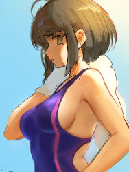 Rule 34 | 1girl, ahoge, bare arms, bare shoulders, blue one-piece swimsuit, breasts, brown eyes, brown hair, commentary, competition swimsuit, danganronpa (series), danganronpa another episode: ultra despair girls, danganronpa s: ultimate summer camp, gloves, gradient background, hand up, holding, large breasts, naegi komaru, one-piece swimsuit, parted lips, pink one-piece swimsuit, qosic, school uniform, serafuku, short hair, solo, swimsuit, teeth, towel, upper body