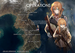 Rule 34 | 2girls, absurdres, battlefield (series), blonde hair, blood, blood on face, blue eyes, bolt action, china, commentary, english commentary, english text, expressionless, fake screenshot, girls&#039; frontline, gloves, green eyes, gun, hair between eyes, highres, korea, long hair, m1903 springfield, springfield (girls&#039; frontline), macayase, map, military, military uniform, mosin-nagant, mosin-nagant (girls&#039; frontline), multiple girls, rifle, smoke, uniform, weapon