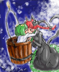 Rule 34 | &gt; &lt;, 2girls, age difference, animal ears, bad id, bad pixiv id, bucket, child, closed eyes, female focus, heart, heart tail, in bucket, in container, kaenbyou rin, kiss, kisume, lowres, multiple girls, onee-loli, oyakata-sama, oyakatasama, sketch, tail, touhou, yuri
