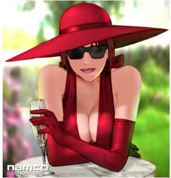 Rule 34 | 1girl, anna williams, breasts, cleavage, cup, dress, drinking glass, elbow gloves, gloves, hat, kawano takuji, large breasts, lowres, namco, official art, sunglasses, tekken, tekken 2, tekken 3, tekken 5 (dark resurrection), tekken tag tournament, wine glass