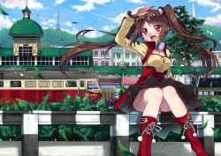 Rule 34 | 1girl, :d, arm up, blush, boots, breasts, brown hair, building, china railway girl, cloud, collarbone, convenient leg, cross-laced footwear, day, fang, hair ornament, hairclip, knees together feet apart, lace-up boots, long hair, medium breasts, north abyssor, open mouth, outdoors, personification, plant, railing, red eyes, red footwear, sitting, skirt, smile, solo, train, train station, twintails, very long hair