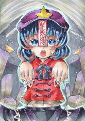 Rule 34 | 1girl, bad id, bad pixiv id, blouse, blue eyes, blue hair, fang, female focus, fingernails, grey background, hat, looking at viewer, marker (medium), matching hair/eyes, millipen (medium), miyako yoshika, navel, ofuda, open mouth, outstretched arms, ponpoko, shirt, short sleeves, skirt, solo, star (symbol), tombstone, touhou, traditional media, zombie pose