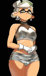 Rule 34 | + +, 1girl, :/, bare shoulders, black background, breasts, closed mouth, commentary, cowboy shot, crop top, earrings, english commentary, foreshortening, gloves, grey hair, hair ornament, hat, highres, inkling, jewelry, marie (splatoon), medium breasts, mini hat, mole, mole under eye, navel, nintendo, own hands together, pointy ears, see-through, see-through shirt, short eyebrows, short hair, short shorts, shorts, silver shirt, silver shorts, simple background, sleeveless, solo, splatoon (series), splatoon 1, standing, swept bangs, symbol-shaped pupils, tentacle hair, thick eyebrows, white gloves, yellow eyes, yuta agc
