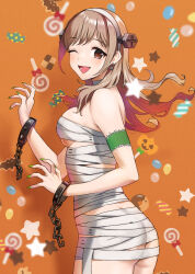 Rule 34 | 1girl, akaori umeka, armband, arms up, ass, bandaged chest, bandaged neck, bandages, bare arms, bare shoulders, blush, bow, breasts, broken, broken chain, broken handcuffs, brown eyes, brown hair, candy, candy wrapper, chain, colored inner hair, cuffs, doughnut, doushimasho, earrings, food, food-themed earrings, food themed earrings, green armband, green nails, hairband, handcuffs, headband, highres, jack-o&#039;-lantern, jelly bean, jewelry, lollipop, long hair, medium breasts, mole, mole on breast, multicolored hair, mummy costume, nail polish, naked bandage, one eye closed, open mouth, orange background, original, pumpkin, pumpkin earrings, red bow, red hair, sarashi, screw, screw hair ornament, solo, star (symbol), stitches, swirl lollipop, wrapped candy