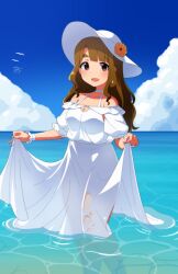 Rule 34 | 1girl, bird, blue sky, blush, breasts, brown eyes, brown hair, check commentary, cleavage cutout, clothes lift, clothing cutout, cloud, collarbone, commentary request, dress, dress lift, flower, hands up, hat, hat flower, idolmaster, idolmaster million live!, legs, long hair, looking at viewer, medium breasts, miyao miya, ocean, on water, parted lips, puffy short sleeves, puffy sleeves, see-through silhouette, short sleeves, sidelocks, signature, sky, solo, sun hat, thick eyebrows, thighs, tun, wavy hair, wet, wet clothes, wet dress, white dress, white hat, wrist cuffs