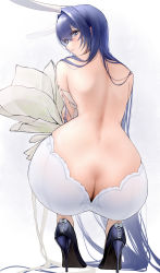 Rule 34 | 1girl, :3, absurdres, animal ears, ass, azur lane, back, backless dress, backless outfit, bare back, blue eyes, blue hair, blush, breasts, bridal veil, bride, butt crack, cl (summer sama), dress, fake animal ears, high heels, highres, large breasts, long hair, looking at viewer, looking back, new jersey (azur lane), new jersey (snow-white ceremony) (azur lane), official alternate costume, pumps, rabbit ears, shoes, smile, solo, squatting, stiletto heels, veil, wedding dress