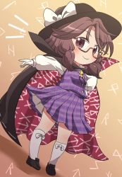 Rule 34 | 1girl, black footwear, black hat, blush, bow, brown eyes, brown hair, cloak, closed mouth, clothes writing, full body, glasses, gloves, hat, hat bow, high collar, highres, kneehighs, long sleeves, low twintails, plaid, plaid skirt, plaid vest, pleated skirt, purple skirt, purple vest, red-framed eyewear, rokugou daisuke, semi-rimless eyewear, shirt, shoes, short hair, signature, skirt, smile, socks, solo, touhou, twintails, usami sumireko, vest, white bow, white gloves, white shirt, white socks
