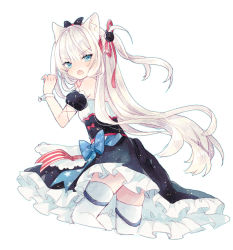 Rule 34 | 1girl, animal ears, apron, azur lane, bare shoulders, black bow, black dress, blue bow, blue eyes, blush, bow, cat ears, cat hair ornament, commentary request, detached sleeves, dress, fang, frilled dress, frills, hair bow, hair ornament, hair ribbon, hammann (azur lane), highres, kikka (kicca choco), long hair, looking at viewer, looking back, one side up, open mouth, puffy short sleeves, puffy sleeves, red ribbon, ribbon, short sleeves, silver hair, simple background, solo, thighhighs, v-shaped eyebrows, very long hair, waist apron, white apron, white background, white thighhighs, wrist cuffs