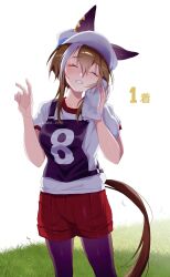 Rule 34 | 1girl, animal ears, black pantyhose, breasts, brown hair, cheval grand (umamusume), closed eyes, facing viewer, feet out of frame, grass, grin, hand up, hat, highres, holding, holding towel, horse ears, horse girl, horse tail, light blush, long hair, multicolored hair, pantyhose, race bib, red shorts, renma (renma 0503), shirt, short sleeves, shorts, small breasts, smile, solo, standing, streaked hair, sweat, tail, towel, umamusume, v, white hat, white shirt, wiping sweat