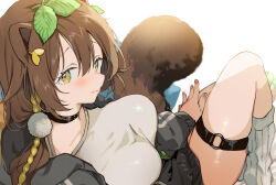 Rule 34 | 1girl, animal ears, bell, blush, breasts, brown hair, choker, closed eyes, commission, hair ornament, honda poko, indie virtual youtuber, jacket, large breasts, leaf, leaf on head, leg warmers, looking at viewer, neck bell, nonoyama, open clothes, open jacket, raccoon ears, raccoon girl, raccoon tail, shirt, simple background, skeb commission, solo, tail, thigh strap, virtual youtuber, yellow eyes