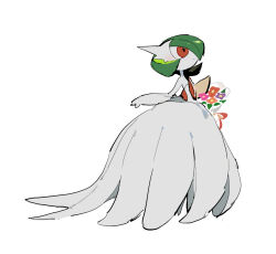 Rule 34 | 1girl, apios, bare shoulders, blush, bouquet, closed mouth, colored skin, creatures (company), dress, elbow gloves, female focus, flat chest, flower, full body, game freak, gardevoir, gen 3 pokemon, gloves, green hair, hand up, happy, holding, holding bouquet, light blush, mega gardevoir, mega pokemon, nintendo, orange flower, pink flower, pokemon, pokemon (creature), purple flower, red eyes, red flower, short hair, simple background, smile, solo, standing, strapless, strapless dress, white background, white dress, white gloves, white skin, white theme