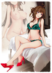 Rule 34 | 1girl, :d, ahoge, aqua bra, aqua panties, arm support, blush, bra, breasts, brown hair, cleavage, double bun, full body, high heels, kantai collection, kongou (kancolle), large breasts, long hair, multiple views, navel, nipples, on bed, open mouth, panties, pumps, red footwear, rizzl, sitting, smile, stomach, thighs, underwear, underwear only