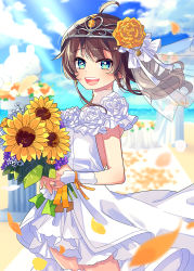 Rule 34 | 1girl, :d, ahoge, alternate costume, beach, blue eyes, blue sky, blurry, blurry background, blush, bouquet, breasts, bridal veil, brown hair, cloud, cloudy sky, commentary, cowboy shot, day, dress, earrings, eyes visible through hair, floating hair, flower, hair flower, hair ornament, hair ribbon, holding, holding bouquet, hololive, jewelry, light rays, looking at viewer, medium hair, natsuiro matsuri, nitumaruta, ocean, open mouth, orange flower, outdoors, petals, ribbon, ring, rose, sky, sleeveless, sleeveless dress, small breasts, smile, solo, sunflower, sunlight, tiara, veil, virtual youtuber, wedding band, wedding dress, white dress, white flower, white ribbon, white rose, wind, wind lift, wrist ribbon
