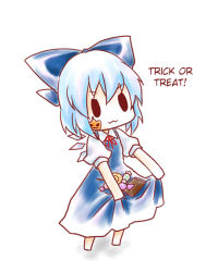 Rule 34 | 1girl, :3, blue hair, bow, candy, cirno, food, hair bow, halloween, hard-translated, kuromame (8gou), skirt basket, solo, embodiment of scarlet devil, third-party edit, touhou, translated, wings