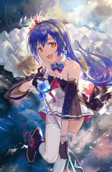 Rule 34 | 10s, 1girl, :d, bare shoulders, blue hair, blush, bow, bowtie, brown eyes, cloud, detached collar, detached sleeves, dress, earrings, female focus, hairband, highres, holding, holding microphone, huanxiang heitu, jewelry, long hair, looking at viewer, love live!, love live! school idol festival, love live! school idol project, microphone, neck, open mouth, skirt, sky, smile, solo, sonoda umi, strapless, strapless dress, thighhighs, yellow eyes