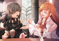 Rule 34 | 2girls, black dress, black hair, black lips, closed eyes, clothing cutout, commentary, cup, dress, final fantasy, final fantasy xiv, food, gaia (ff14), hair ribbon, highres, holding, holding cup, holding spoon, ice cream, indoors, long hair, long sleeves, mihira (tainosugatayaki), mug, multiple girls, open mouth, plunging neckline, red hair, ribbon, ryne waters, shoulder cutout, spoon, sundae, white dress