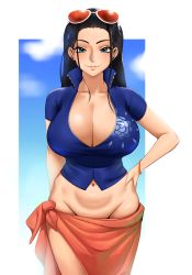 Rule 34 | 1girl, absurdres, aqua eyes, black hair, blue shirt, border, breasts, cleavage, closed mouth, commentary, crop top, english commentary, eyewear on head, groin, hand on own hip, highres, kevbot, large breasts, long hair, midriff, navel, nico robin, one piece, sarong, shirt, solo, stomach, straight hair, sunglasses, white border