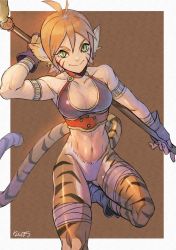 Rule 34 | 1girl, animal ears, breasts, breath of fire, breath of fire ii, bustier, capcom, cat ears, cat tail, closed mouth, facial mark, gloves, green eyes, highres, looking at viewer, nanpou (nanpou0021), orange hair, pointy ears, rinpoo chuan, short hair, simple background, smile, solo, staff, tail