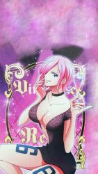 Rule 34 | 1girl, absurdres, blue eyes, breasts, calendar, choker, cleavage, clothing cutout, dress, drink, female focus, glass, hair over one eye, highres, large breasts, legs, navel cutout, official art, one piece, pink hair, pinky out, short hair, sitting, solo, thighs, tongue, tongue out, vinsmoke reiju