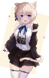 Rule 34 | 1girl, animal ears, bare shoulders, black gloves, black jacket, black skirt, blue eyes, bow, camera, cat ears, cat girl, cat tail, collared shirt, cowboy shot, dress shirt, gloves, hair bow, highres, jacket, long sleeves, looking at viewer, miniskirt, neck ribbon, off shoulder, open clothes, open jacket, open mouth, original, panipo, puffy sleeves, ribbon, shirt, shirt tucked in, short hair, skirt, sleeveless, sleeveless shirt, smile, solo, tail, thighhighs, white hair, white shirt, white thighhighs, zettai ryouiki