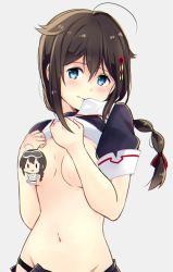 Rule 34 | 1girl, ahoge, blue eyes, blush, braid, breasts, brown hair, censored, character censor, clothes lift, cosplay, covering privates, covering one breast, embarrassed, grey background, groin, hair flaps, hair ornament, highres, kantai collection, looking away, maru-yu (kancolle), maru-yu (kancolle) (cosplay), medium breasts, mouth hold, navel, censored nipples, novelty censor, open clothes, open skirt, remodel (kantai collection), shigure (kancolle), shirt lift, simple background, single braid, skirt, solo, stomach, underwear, upper body, yukichi (eikichi)