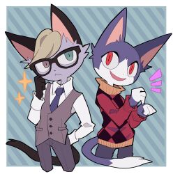 Rule 34 | 2boys, absurdres, animal crossing, black fur, black tail, blonde hair, blue fur, blue necktie, brown vest, business casual, cat, cat boy, collared shirt, expressionless, furry, furry male, glasses, grey fur, hair tuft, heterochromia, highres, long sleeves, male focus, multiple boys, necktie, nintendo, open mouth, pants, patterned background, patterned clothing, raymond (animal crossing), red eyes, rover (animal crossing), shirt, short hair, smile, sweater, tail, ttnoooo, turtleneck, turtleneck sweater, vest, white shirt