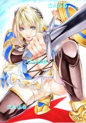 Rule 34 | 1girl, armor, armored dress, black thighhighs, blonde hair, blue eyes, braid, breasts, closed mouth, cross-laced clothes, foreshortening, hair ornament, hair ribbon, holding, holding sword, holding weapon, kneeling, knight, large breasts, laurel crown, long hair, looking at viewer, marker (medium), namco, on one knee, panties, pantyshot, ribbon, shield, shoulder pads, single braid, smile, solo, sophitia alexandra, soul calibur, sword, thighhighs, traditional media, underwear, vambraces, weapon, white panties, yqgkg