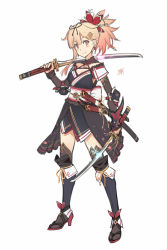 Rule 34 | 1girl, adapted costume, anchor symbol, arm guards, armor, black ribbon, black socks, blonde hair, blush, braid, breasts, cleavage, closed mouth, cosplay, dan (kumadan), dual wielding, earrings, elbow pads, fang, fang out, fate/grand order, fate (series), fire, french braid, full body, hair ornament, hair ribbon, hairclip, holding, holding sword, holding weapon, japanese clothes, jewelry, kantai collection, katana, kimono, kneehighs, legs apart, long sleeves, looking at viewer, medium breasts, miyamoto musashi (fate), miyamoto musashi (fate) (cosplay), miyamoto musashi (second ascension) (fate), obi, over shoulder, ponytail, purple fire, purple kimono, red eyes, ribbon, sash, short hair, simple background, sketch, smug, socks, solo, standing, sword, tareme, thighhighs, unsheathed, waist cape, weapon, weapon over shoulder, white background, yuudachi (kancolle)