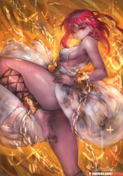 Rule 34 | 1girl, ass, bare shoulders, barefoot, blunt bangs, chain, closed mouth, girlsay, gradient background, highres, looking at viewer, magi the labyrinth of magic, morgiana, pink eyes, pink hair, ponytail, robe, serious, solo, standing, standing on one leg, wristband