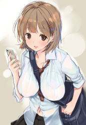 Rule 34 | 1girl, bad id, bad pixiv id, between breasts, blouse, breasts, brown eyes, cellphone, collarbone, copyright request, holding, holding phone, large breasts, light brown hair, looking at viewer, navel, necktie, no bra, open mouth, original, phone, school uniform, see-through, shirt, smartphone, solo, strap between breasts, striped necktie, teeth, upper teeth only, wet, wet clothes, wet shirt, white shirt, yaegashi nan