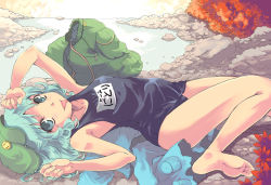 Rule 34 | 1girl, :p, bag, barefoot, blue eyes, blue hair, feet, female focus, hat, kawashiro nitori, lying, matching hair/eyes, on back, one-piece swimsuit, revision, river, school swimsuit, short hair, solo, swimsuit, tongue, tongue out, touhou, yuu (kfc)