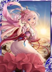 Rule 34 | 1girl, :d, akkijin, armpits, back, bare shoulders, breasts, card (medium), cloud, dress, flower, flying, hair flower, hair ornament, holding, holding flower, japanese clothes, long hair, looking at viewer, lotus, medium breasts, mountain, official art, open mouth, pink dress, pink hair, purple eyes, shinkai no valkyrie, sky, smile, sun, sunrise