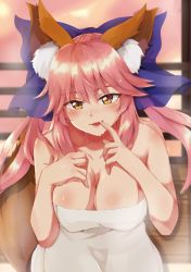 Rule 34 | 1girl, absurdres, animal ear fluff, animal ears, blue ribbon, blush, breasts, cleavage, collarbone, fate/extra, fate/grand order, fate (series), finger to mouth, fox ears, fox girl, fox tail, hair ribbon, heart, heart-shaped pupils, highres, large breasts, lips, looking at viewer, open mouth, pink hair, ribbon, solo, symbol-shaped pupils, tail, tamamo (fate), tamamo no mae (fate/extra), yellow eyes, yusuka yuu