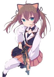 Rule 34 | 1girl, absurdres, apex legends, aqua eyes, black footwear, black jacket, blazer, blush, boots, brown hair, closed mouth, collared shirt, fingerless gloves, gloves, gun, hair between eyes, hair ornament, hair ribbon, hairclip, headset, highres, holding, holding gun, holding weapon, hololive, jacket, long sleeves, looking at viewer, natsuiro matsuri, necktie, okota mikan, orange skirt, pleated skirt, puffy long sleeves, puffy sleeves, ribbon, school uniform, shirt, simple background, skirt, solo, thighhighs, thighhighs under boots, twintails, v-shaped eyebrows, virtual youtuber, vk-47 flatline, weapon, white background, white thighhighs, x hair ornament