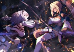 Rule 34 | 2girls, blonde hair, bow (weapon), braid, breasts, brown eyes, brown sash, cleavage, crown braid, embers, fighting, flower knot, glint, green eyes, grey hair, highres, holding, holding bow (weapon), holding weapon, hololive, hololive alternative, jumping, large breasts, long hair, mace, mikan (chipstar182), mole, mole on breast, multiple girls, obi, ponytail, sash, shiranui flare, shiranui flare (old design), shirogane noel, shirogane noel (1st costume), single thighhigh, smile, tassel, thighhighs, virtual youtuber, waist cape, weapon, white legwear