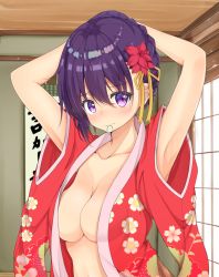 Rule 34 | 1girl, absurdres, adjusting hair, alternate costume, armpits, blush, breasts, cleavage, closed eyes, closed mouth, collarbone, commentary request, floral print, flower, gochuumon wa usagi desu ka?, hair between eyes, hair flower, hair ornament, hair tie, highres, indoors, japanese clothes, kimono, large breasts, looking at viewer, mottsun (i 40y), mouth hold, no bra, open clothes, open kimono, print kimono, purple eyes, purple hair, red flower, red kimono, short hair, short sleeves, solo, standing, tedeza rize, upper body, wide sleeves