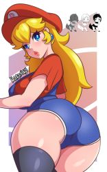 Rule 34 | 1girl, artist name, ass, ass focus, black thighhighs, blonde hair, blue eyes, blue overalls, breasts, closed mouth, cosplay, earrings, expressionless, eyelashes, from behind, hat, jewelry, large breasts, lips, long hair, looking at viewer, looking back, maratiny, mario, mario (cosplay), mario (series), nintendo, nostrils, overall shorts, overalls, pink lips, princess peach, red hat, red shirt, shirt, short sleeves, solo, super mario bros. 1, t-shirt, thighhighs, thighs