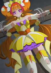 Rule 34 | 1girl, amanogawa kirara, artist request, bdsm, blush, bound, breasts, chain, cleavage, clenched teeth, closed mouth, collarbone, cross, cure twinkle, dress, earrings, eyelashes, gloves, go! princess precure, grey background, hair ornament, highres, jewelry, long hair, long twintails, looking at viewer, magical girl, medium breasts, multicolored hair, orange hair, precure, purple eyes, restrained, solo focus, star (symbol), star earrings, tagme, teeth, torn clothes, twintails, two-tone hair, v-shaped eyebrows, very long hair, white legwear, yellow dress