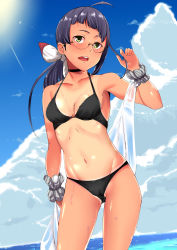 Rule 34 | 1girl, ahoge, asymmetrical bangs, bikini, black bikini, black hair, blue sky, breasts, chirashi (so), cloud, collarbone, commentary request, contrapposto, day, fujinami (kancolle), hair ribbon, highres, horizon, kantai collection, long hair, ocean, outdoors, ribbon, scrunchie, side ponytail, sky, small breasts, solo, standing, swimsuit, tan, tanline, white ribbon, wrist scrunchie, yellow eyes