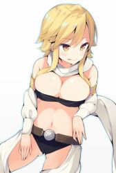 Rule 34 | 10s, 1girl, :q, ahoge, akame ga kill!, bandeau, bare shoulders, belt, blonde hair, blush, breasts, bursting breasts, cleavage, closed mouth, cowboy shot, detached sleeves, gluteal fold, highres, large breasts, leone (akame ga kill!), long hair, looking to the side, midriff, mimura zaja, navel, scarf, simple background, solo, tongue, tongue out, white background, white scarf, yellow eyes