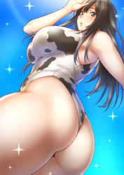 Rule 34 | 1girl, amagami, animal print, armpits, ass, bare shoulders, black hair, breasts, brown eyes, cow print, curvy, day, from below, highres, huge ass, kamizaki makoto, large breasts, long hair, looking at viewer, one-piece swimsuit, outdoors, parted lips, seiren, shouji nigou, solo, sparkle, standing, swimsuit, thick thighs, thighs, wide hips