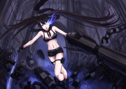 Rule 34 | 10s, 1girl, absurdres, arm cannon, bare shoulders, belt, bikini, black bikini, black hair, black rock shooter, black rock shooter (character), blue eyes, boots, breasts, broken ground, chain, fingerless gloves, gloves, glowing, glowing eye, highres, huge weapon, jun (goodgun7), katana, knee boots, crossed legs, long hair, looking at viewer, navel, open mouth, scarf, short shorts, shorts, skull, solo, standing, swimsuit, sword, thigh strap, twintails, very long hair, weapon
