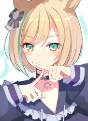 Rule 34 | 1girl, animal ears, barufoa, blonde hair, blue shirt, blush, bow, closed mouth, collarbone, collared shirt, frilled shirt collar, frills, green eyes, hair bow, hands up, horse ears, index fingers raised, little cocon (umamusume), long sleeves, multicolored hair, shirt, short hair, solo, streaked hair, umamusume, upper body