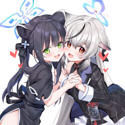 Rule 34 | 2girls, animal ear fluff, animal ears, black dress, black hair, black jacket, blue archive, blush, brown eyes, cheek-to-cheek, china dress, chinese clothes, commentary request, dress, face-to-face, green eyes, grey hair, halo, heads together, heart, holding hands, jacket, kokona (blue archive), leaning forward, long hair, looking at viewer, moeki yuuta, multicolored hair, multiple girls, open mouth, ribbon, short sleeves, shun (blue archive), shun (small) (blue archive), smile, streaked hair, striped clothes, striped dress, striped jacket, tiger ears, tiger girl, twintails, vertical-striped clothes, vertical-striped dress, vertical-striped jacket, very long hair