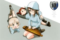 Rule 34 | 10s, 3girls, aki (girls und panzer), ankle boots, arms behind back, artist request, blue footwear, blue hat, blue jacket, blue shirt, blue skirt, blunt bangs, boots, brown eyes, brown hair, closed mouth, copyright name, dress shirt, emblem, english text, girls und panzer, green eyes, grey legwear, grey skirt, hair tie, hat, head rest, holding, holding instrument, instrument, jacket, kantele, keizoku (emblem), keizoku military uniform, keizoku school uniform, light brown hair, light smile, loafers, long hair, long sleeves, looking at another, lying, mika (girls und panzer), mikko (girls und panzer), military, military uniform, miniskirt, mouth hold, multiple girls, music, official art, on back, on stomach, one eye closed, open mouth, pants, playing instrument, pleated skirt, raglan sleeves, red eyes, red hair, school uniform, seiza, shirt, shoes, short hair, short twintails, sitting, skirt, smile, socks, striped clothes, striped shirt, track jacket, track pants, twintails, two-tone background, uniform, vertical-striped clothes, vertical-striped shirt, white shirt