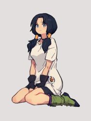 Rule 34 | 1girl, bike shorts, black gloves, black hair, blue eyes, boots, closed mouth, dragon ball, dragonball z, full body, gloves, green footwear, grey background, kemachiku, long hair, looking at viewer, shirt, simple background, sitting, smile, solo, t-shirt, twintails, videl, white shirt