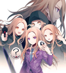 Rule 34 | 5boys, :d, ?, ahoge, aiming, aiming at viewer, black coat, black eyeliner, blonde hair, blue necktie, brown eyes, closed mouth, coat, collared shirt, covered face, cropped torso, empty eyes, eyeliner, furrowed brow, gun, hand up, highres, holding, holding gun, holding mask, holding weapon, hood, hood up, jacket, jewelry, long hair, long sleeves, looking at viewer, makeup, makoto kagutsuchi, male focus, mask, master detective archives: rain code, multiple boys, multiple persona, necktie, open mouth, pants, pointing, pointing at self, pointing at viewer, pointing gun, profile, purple eyes, purple jacket, purple pants, qiao xing, ring, shirt, smile, spoilers, sword, unworn mask, upper body, weapon, white shirt
