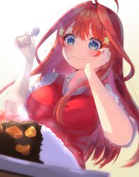 Rule 34 | 1girl, :t, ahoge, blue eyes, blush, breasts, closed mouth, collared shirt, commentary request, curry, eating, food, food on face, go-toubun no hanayome, gradient background, hair between eyes, hair ornament, hand on own cheek, hand on own face, hands up, highres, holding, holding spoon, large breasts, long hair, looking down, nakano itsuki, red hair, red sweater, rice, rice on face, shirt, short sleeves, sidelocks, simple background, sitting, slime07, solo, sparkle, spoon, star (symbol), star hair ornament, suramori, sweater, sweater vest, taut clothes, upper body, white background, white shirt, yellow background